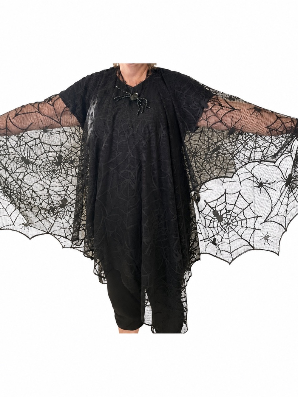 Plus Size Spiderweb Lace Cape Poncho & Giant Spider Clip Halloween Costume